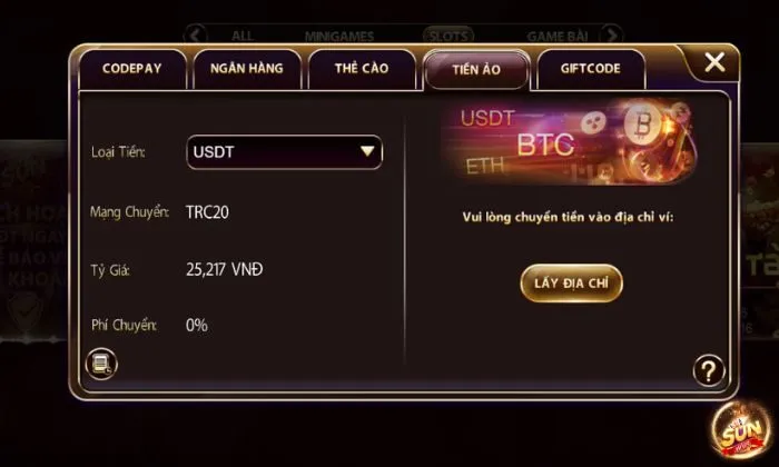 Nạp tiền Sunwin Gửi tiền vào cổng game Sunwin qua Tiền ảo mới nhất