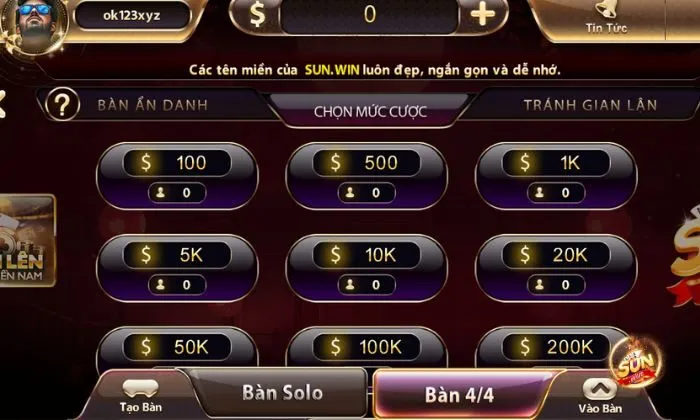  Tiến lên miền Nam Sunwin cho phép tối đa 4 người tham gia